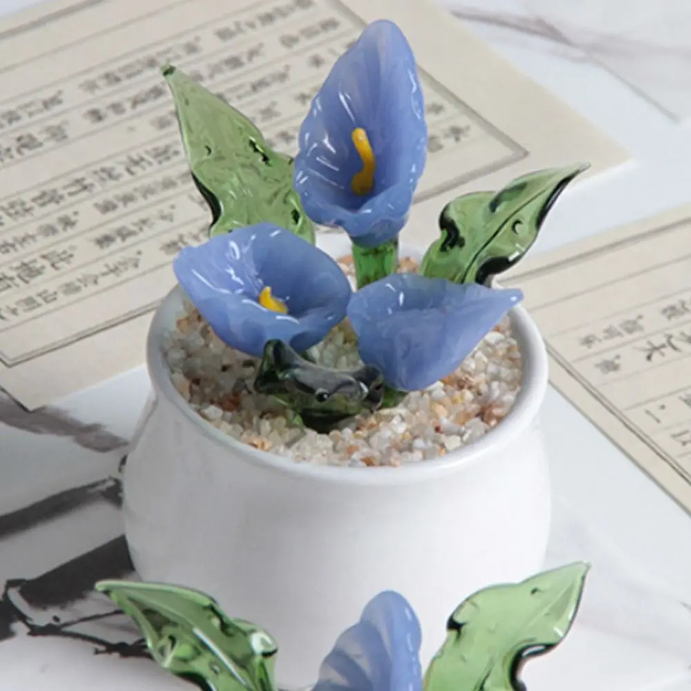 Calla Lilies Statue Glass Potted Plants Miniature Table Ornaments Mini Flower Plants Figurine Handmade Blue Glaze Ornaments