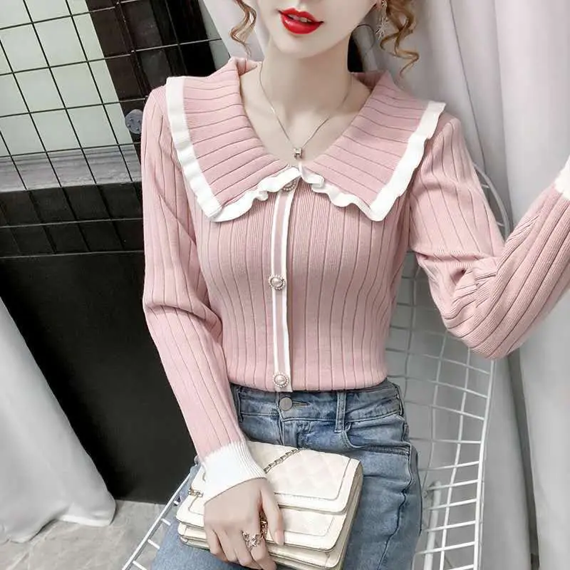 Stylish Peter Pan Collar Button Spliced Sweaters Female Clothing 2022 Autumn New Oversized Casual Pullovers All-match Sweet Tops