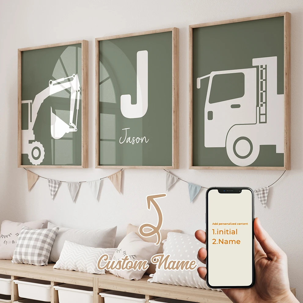 3pcs Personalized Custom Name Cartoon Excavator Wall Art Print Picture Canvas Poster Painting For Living Child Room Home Decor