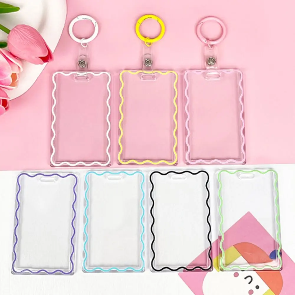 Acrylic Transparent Card Holder Stripe Wave Card Case Keyring Card Sleeve Bag Pendant Students Bus Card Cover Protection Case