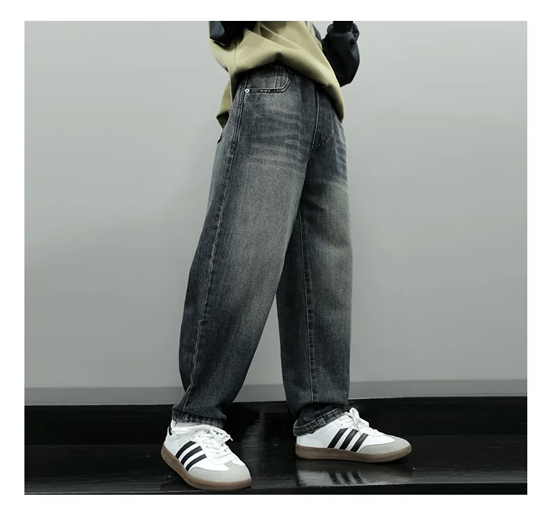 Neue, modische schwarze Jeans für Jungen, lockere, gerade geschnittene Haremshose für Kinder, Cargo-Jeans mit Taschen, Größe 5-14. – Detail 3