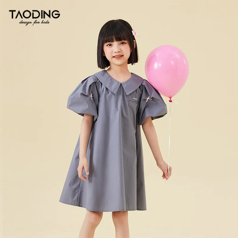 

Baby Girl Dress Girls Dress Summer Solid Color Shirt Collar Metal Bow Bubble Sleeve High-density Cotton Fashion Comfort Skirt