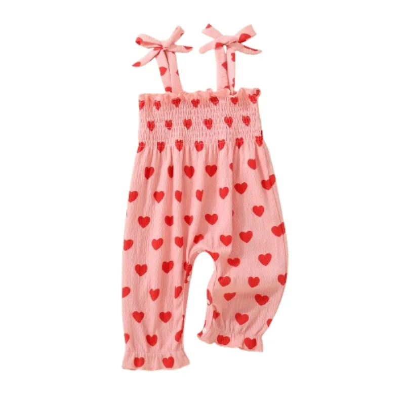 Baby Girls Valentine s Day Jumpsuit Love Heart Pattern Bow Smocked Suspender Sleeveless Rompers