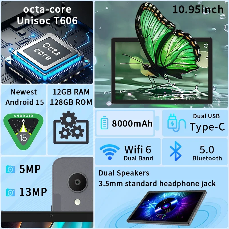 2025 tablet android 15 de 10.95 polegadas, 12g ram + 128g rom/1tb expandir, bateria de grande capacidade de 8000mah, octa-core 1280*800ips widevine l1