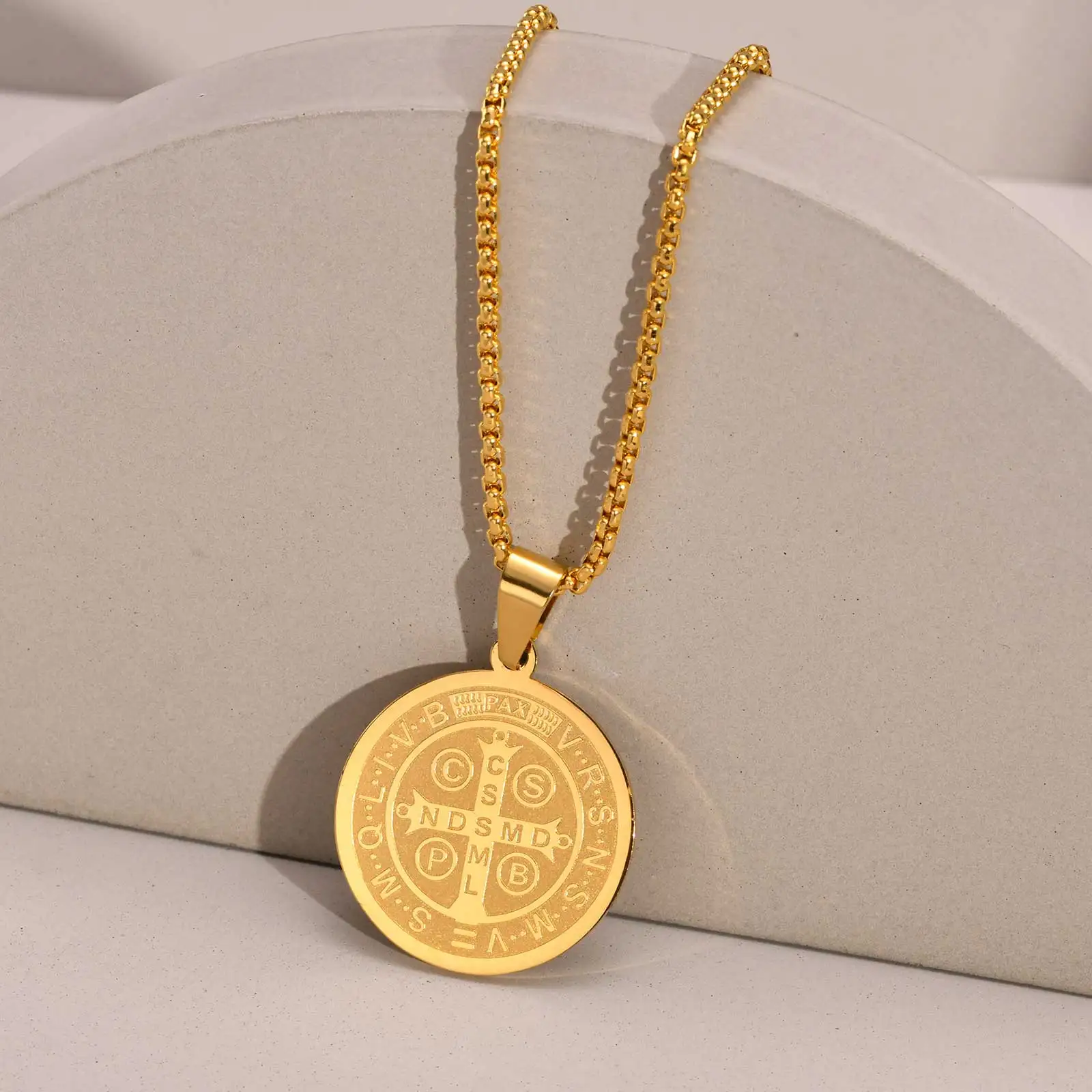 St Benedict Necklace Men, Stainless Steel Saint Religious Jewelry Medal Pendant ,Saint Benedict Amulet Necklace