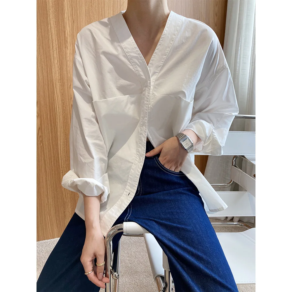 Simple V-Ne Long Sve Women's irt Spring 2023 Design Sensation  Lazy Sle Cotton Casual Loose Fit Open Cardigan