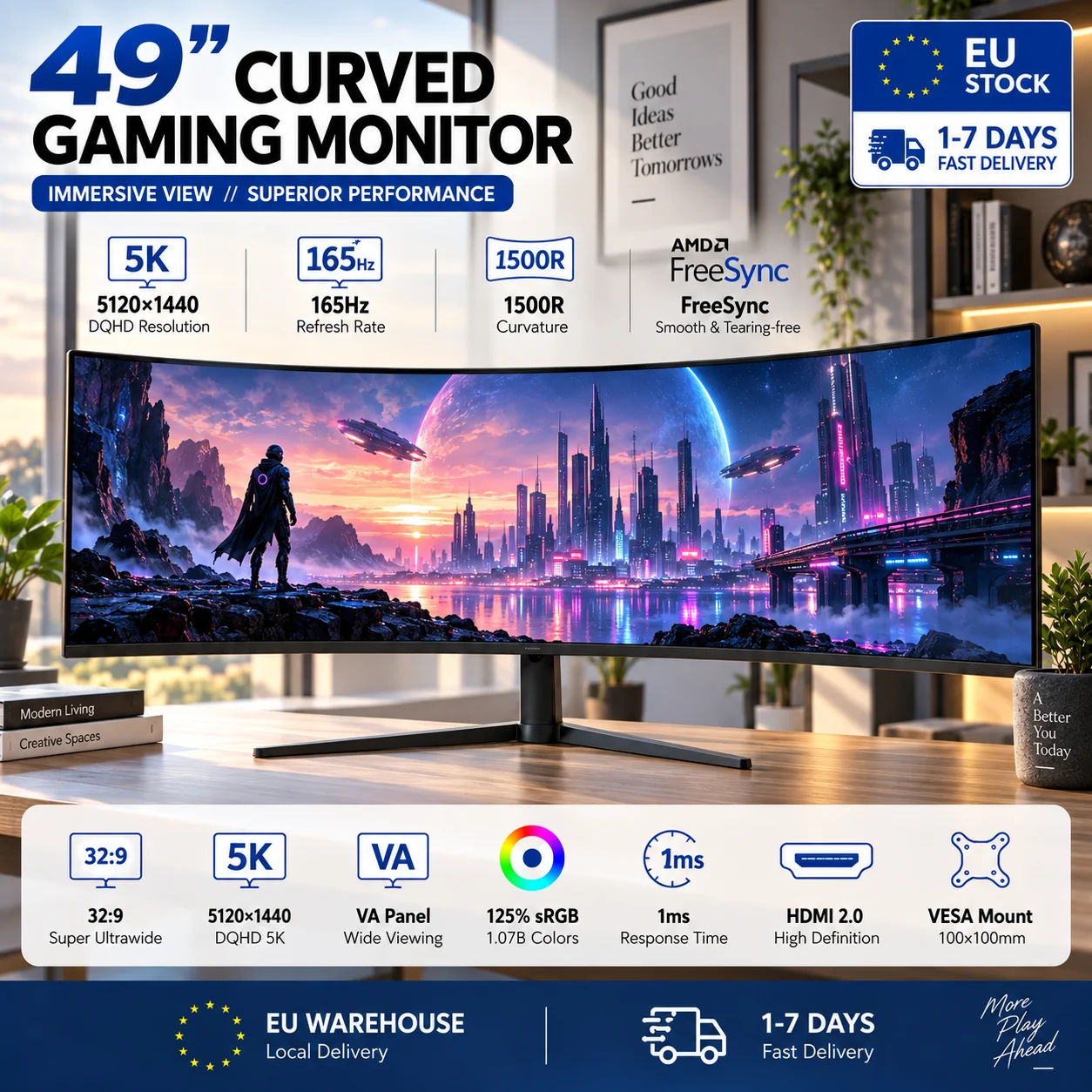 Monitor da gioco curvo Crua Gf490F da 49 pollici, display PC ultra largo 1500R, 5K 165Hz DQHD 5120×1440P, pannello VA, schermo per computer con Freesync, HDMI 2.0, supporto a parete VESA