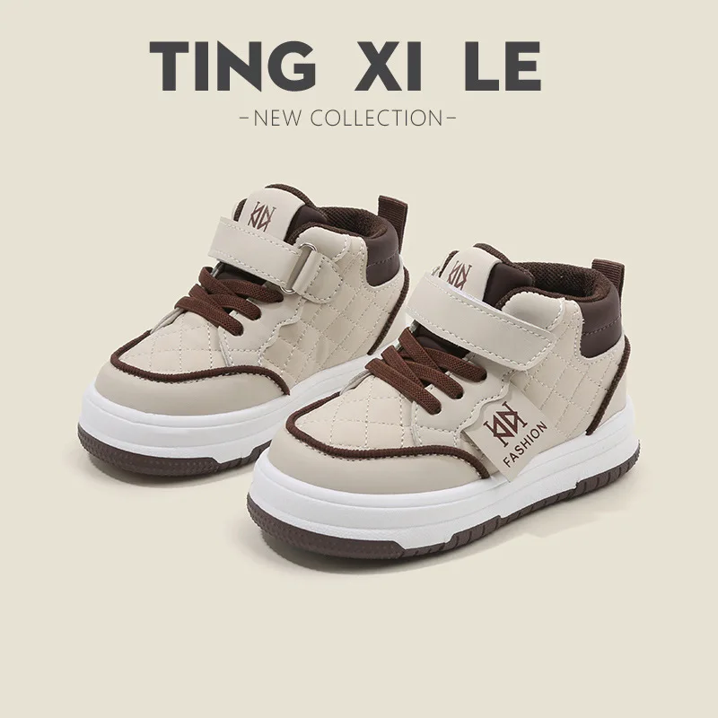 

Children Spring Autumn Casual Board Shoes Girls Fashion High Top Soft Soled Sneakers Boys Velcro Checkered Upper White Shoes
