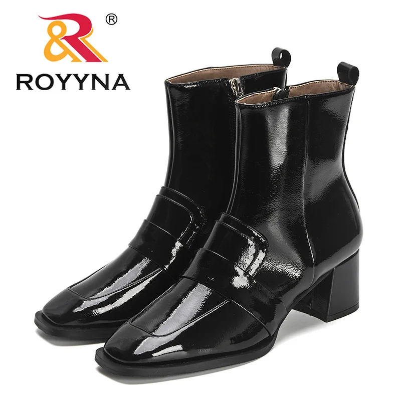 ROYYNA 2023 nuovi designer classici stivali Chelsea donna mezze stivali in pelle verniciata stivali da donna con tacco spesso stile britannico