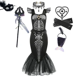 2024 Halloween Mermaid Skeleton Costume for Littler Girls Gothic Princess Trumpet Dress Black Ariel Siren Cosplay Apparel Frock