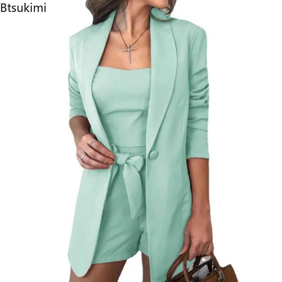 

2025 Women Blazer Sets for Office Ladies OL Shorts Top Sets Solid Top & Blazer Coat & Shorts Sets Elegant 3 Piece Female Outfits