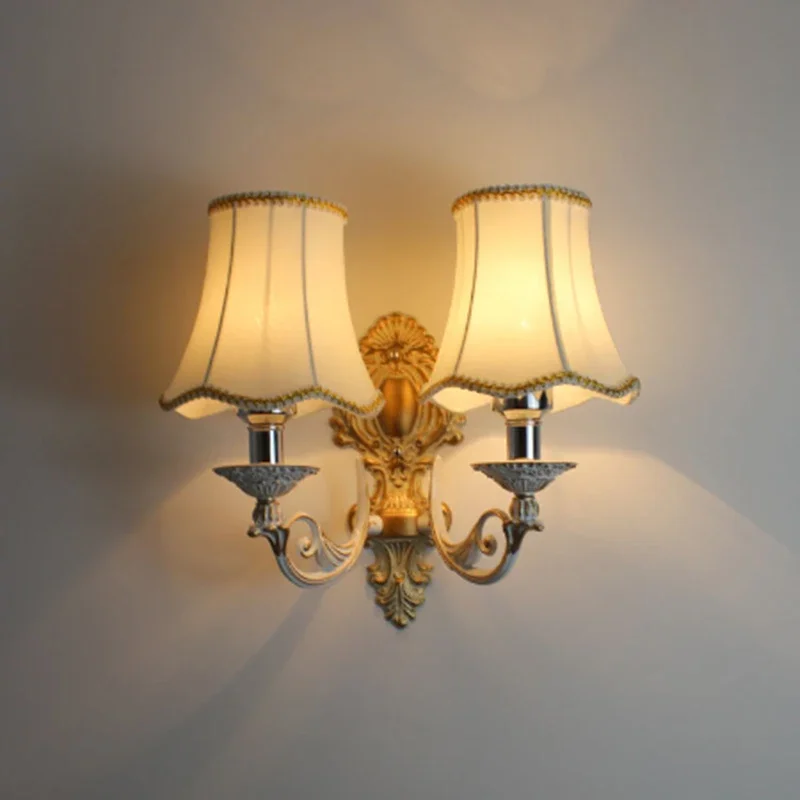 2025 Fashion Vintage Iron Wall Lamp European Style Red Bronze Candlestick Design Single Head Cloth Cover Bedroom Decoration LED