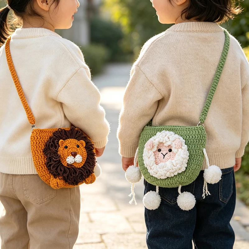 Novelty Animal Figure Crochet Sling Bag Handmade Knit Lion Sheep Pattern Coin Purse Phone Bag Cute Crossbody Purse For Children