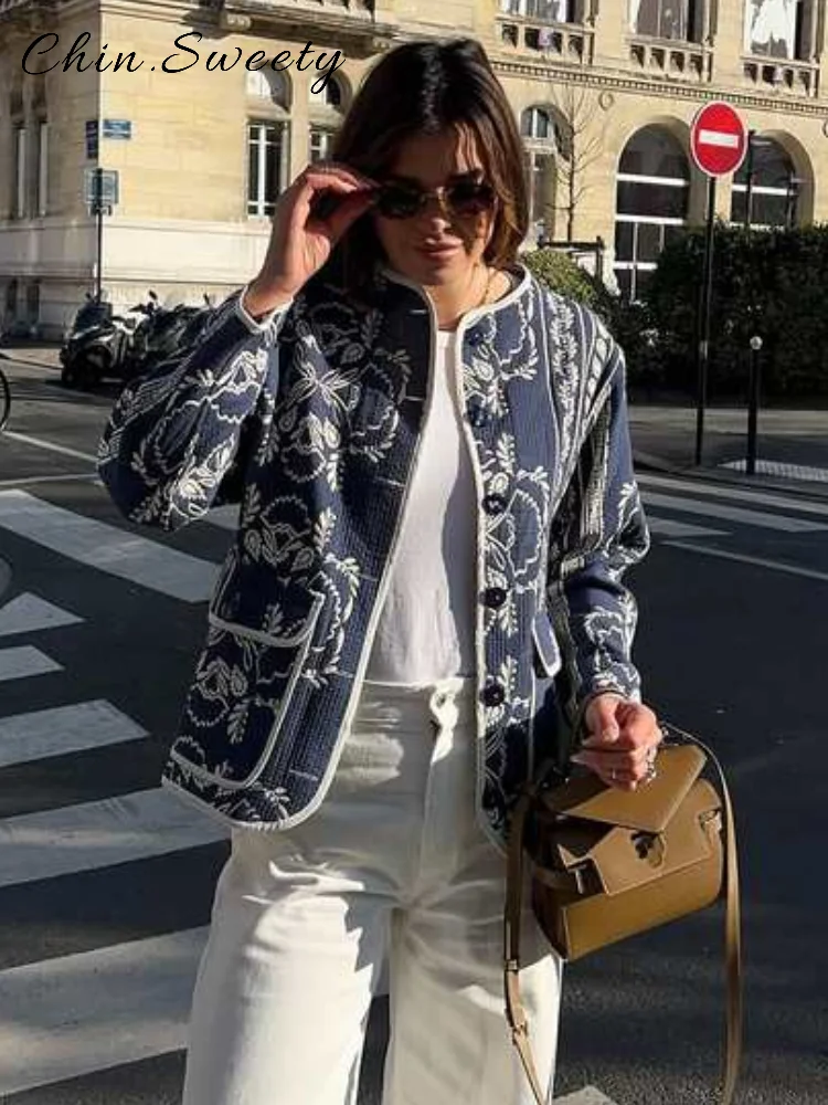 

Casual Printed Reversible Jackets Women Loose O-neck Full Sleeve Single Breasted Jacket 2025 Autumn Lady Chic High Street Coats