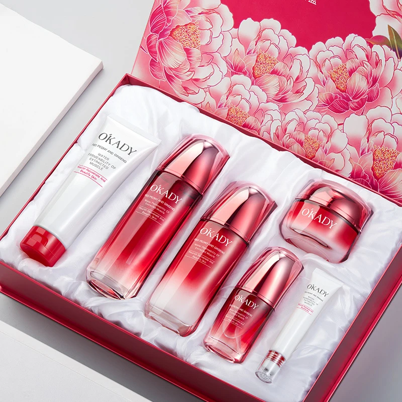 O′KADY 6Pcs Peony Red Ginseng Skincare Set Anti-Aging Hydrating Facial Kit Cleanser Toner Emulsion Essence Cream Christmas Gift