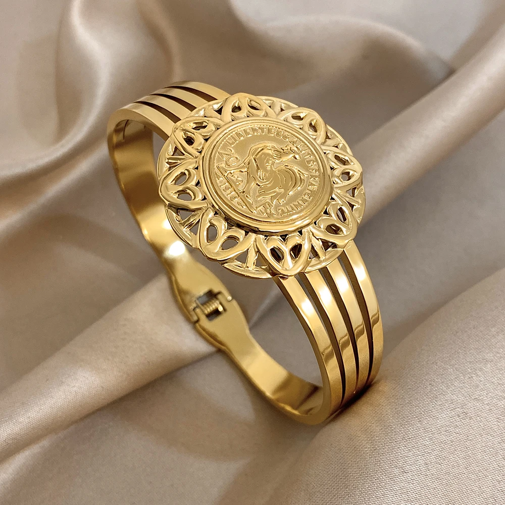 

DODOHAO Luxury Chunky Stainless Steel Large Wide Bangle Bracelet Women Exaggerated Geometric Rooster Relief Cuff Spring Bangles