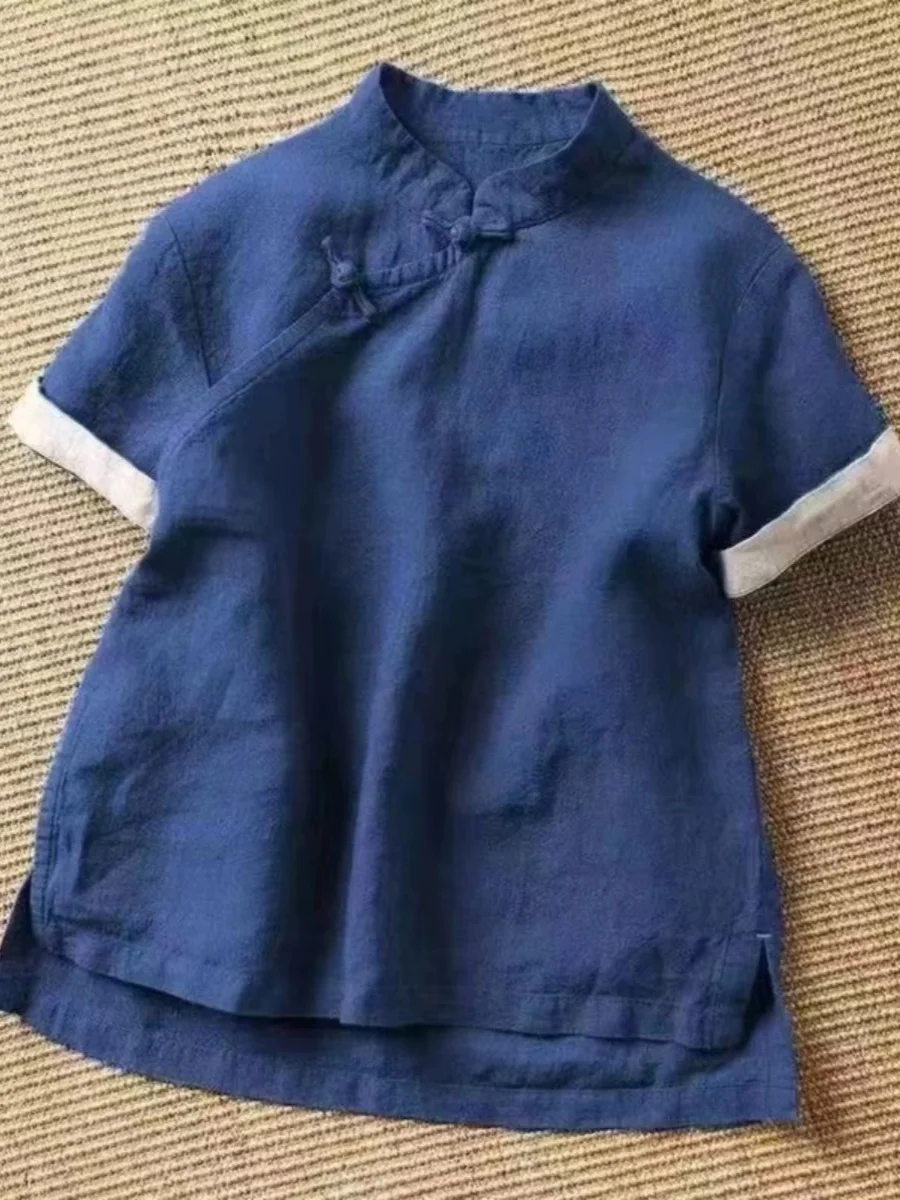 2025년 여름 신상 중국 스타일 레트로 레드 스탠드 칼라 버튼 여성용 코튼 린넨 티 코스튬 탑