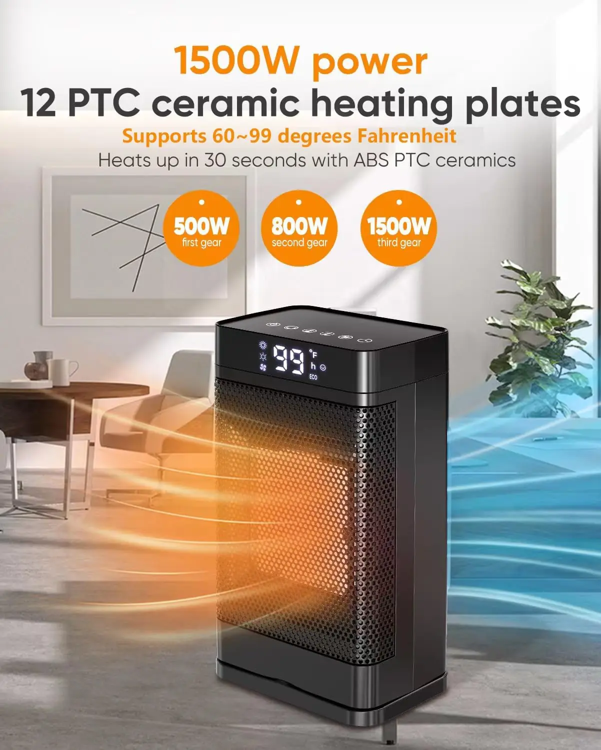 سخان مساحة سيراميك محمول PTC، 1500 وات، 99 ° F، مؤقت لمدة 13 ساعة، أسود