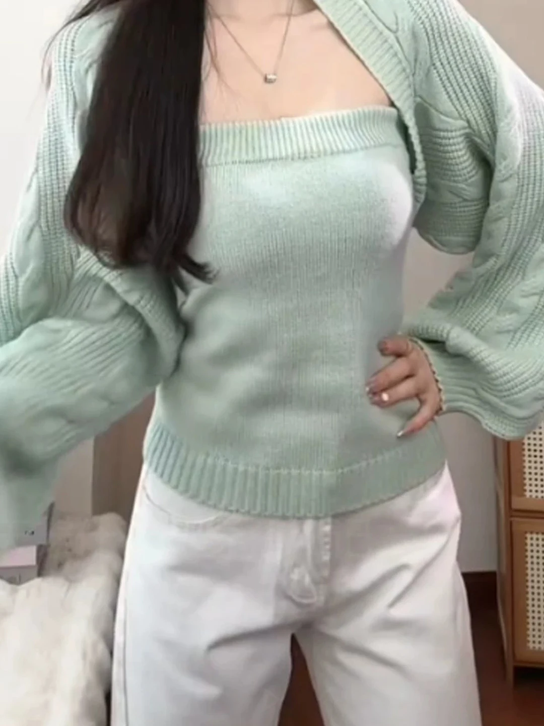 Early Autumn Mint Wave Tube Top Knitted Vest Open Cardigan Women's Pure Desire High-End Feeling Set Casual Style Slim Fit