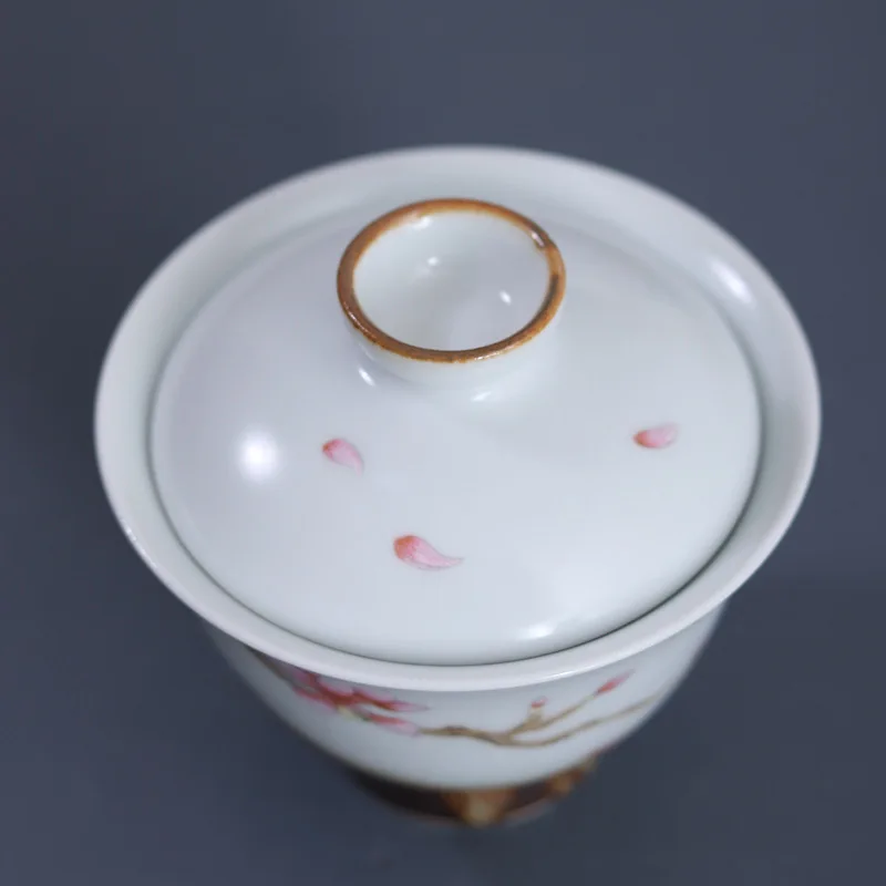 Chu Porcelain Light Botang Jingdezhen Ceramic Glaze Hand Painted Magnolia Tureen Gaiwan Tea Brewing Bowl