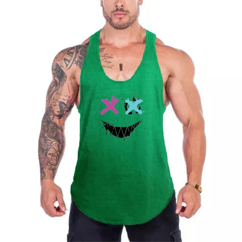 

Summer Trendy Personality Funny XX Smile Face Gym Fitness Vest Men Bodybuilding Sleeveless Tank Tops Mesh Quick Dry Racer Back