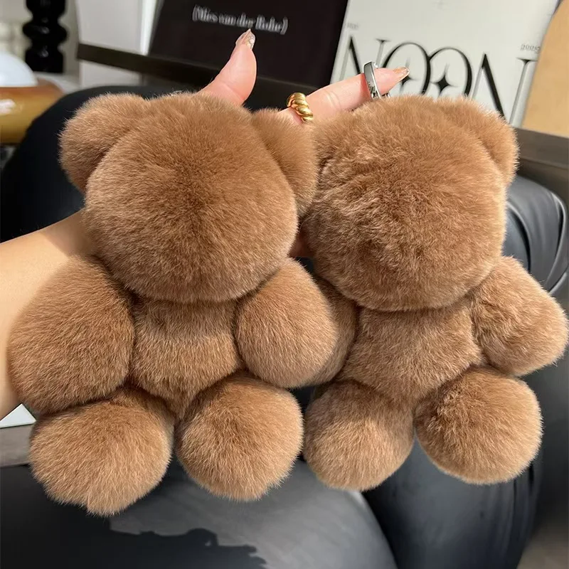 Real Rex Rabbit Hair Brown Bear Car Keychain Pendant Cute Plush Doll Doll School Bag Pendant Gift