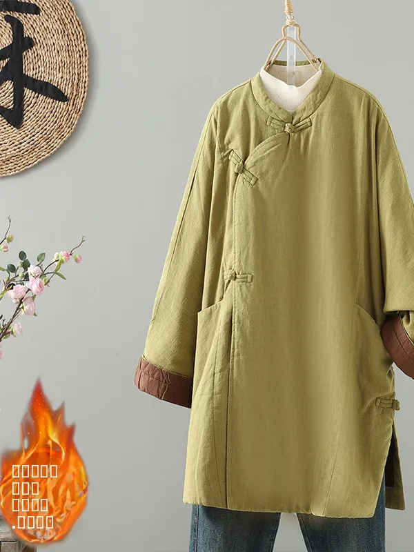 

Новое китайское хлопковое джинто с пуговицами для женщин, свободная теплая зимняя верхняя одежда, длинное пальто с воротником-стойкой све