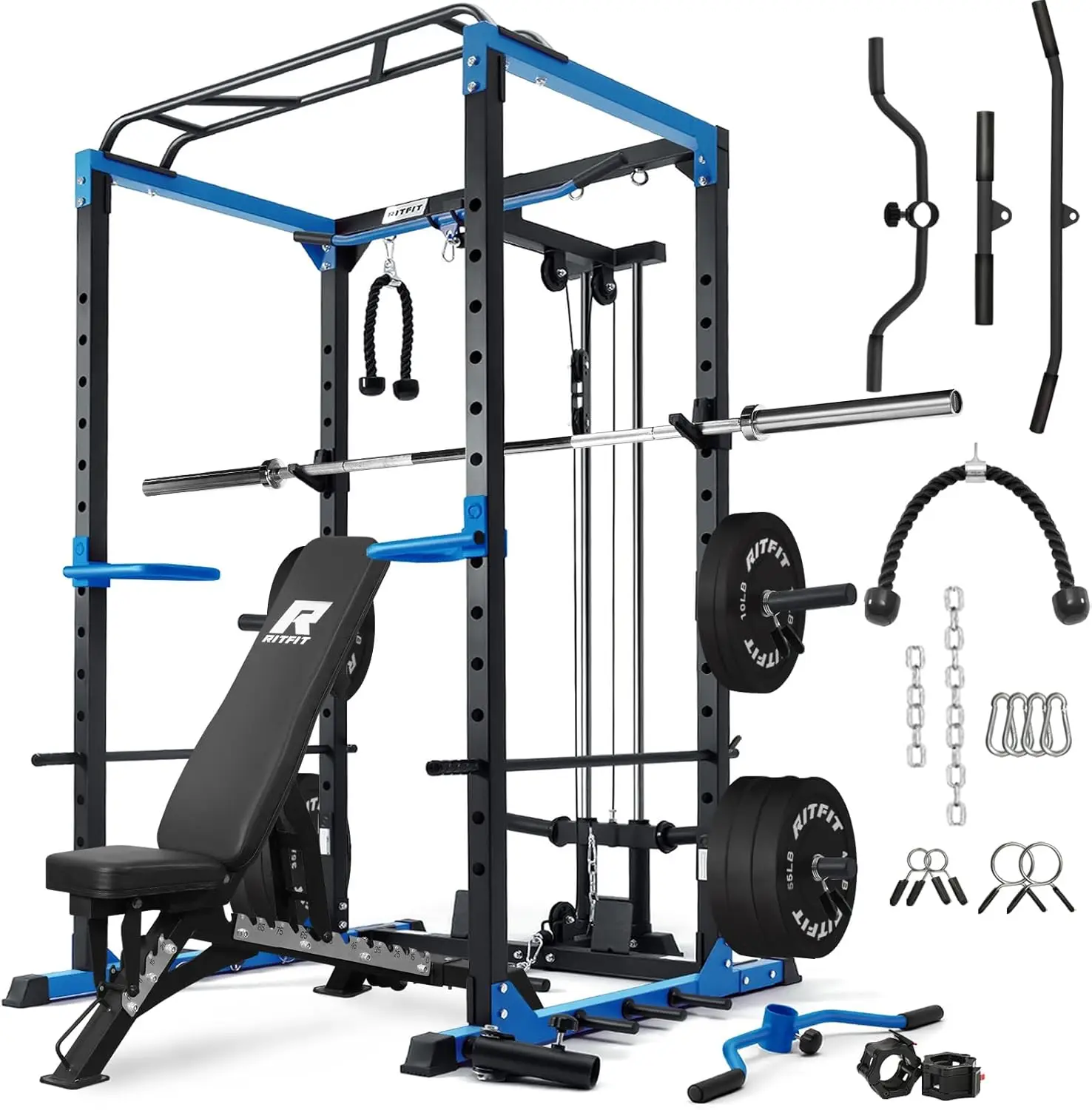 

RitFit All-in-One Squat Rack for Home Gym, PPC02C Multi-Function 1000 LBS Capacity Power Cage with LAT Pulldown, Pulley System