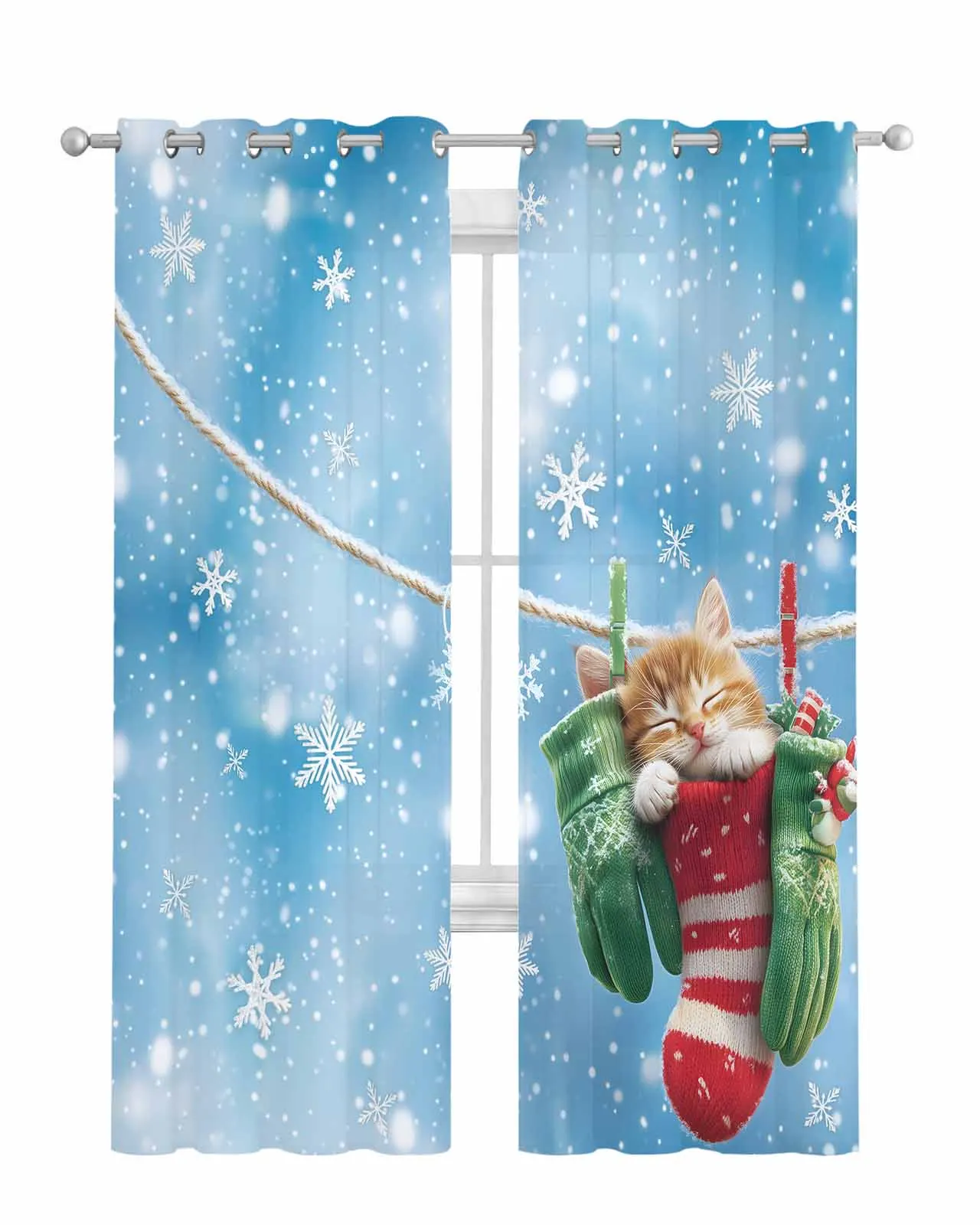 Cartoon Star Cat Christmas Socks Snowflake Curtain Tulle Curtains For Living Room Kitchen Window Treatments Voile Curtains