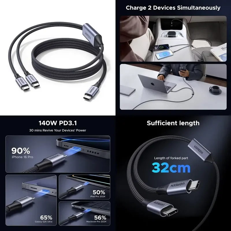 For 140W USB-C Cable 2-in-1 USB-C to USB-C Braid Shielding 5A Fast Charging for S25 Air/Pro Barcode Scanners