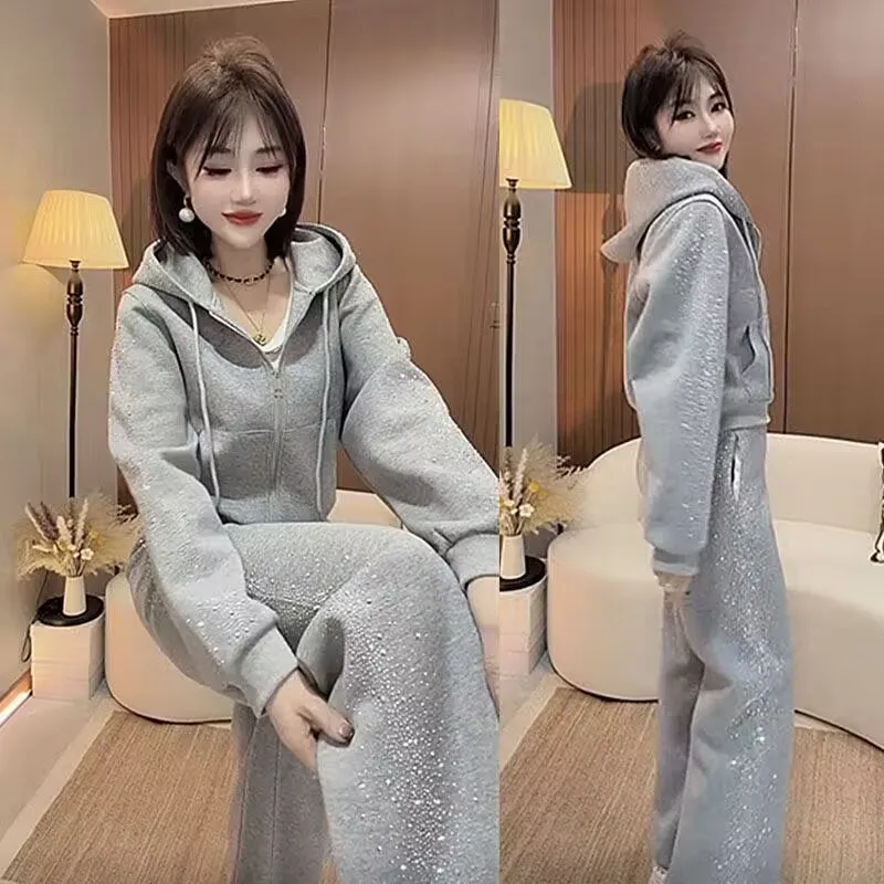 Women's Casual Sportswear Set Hooded Diamond Embellished Long Pants Two-Piece Cotton Simulation Diagonal Ribbing 250g