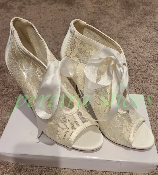 Women Ivory Lace Peep Toe Ankle Booties Satin Big Bow Stiletto High Heel Bridal Wedding Elegant Hollow Design Formal Pumps 46