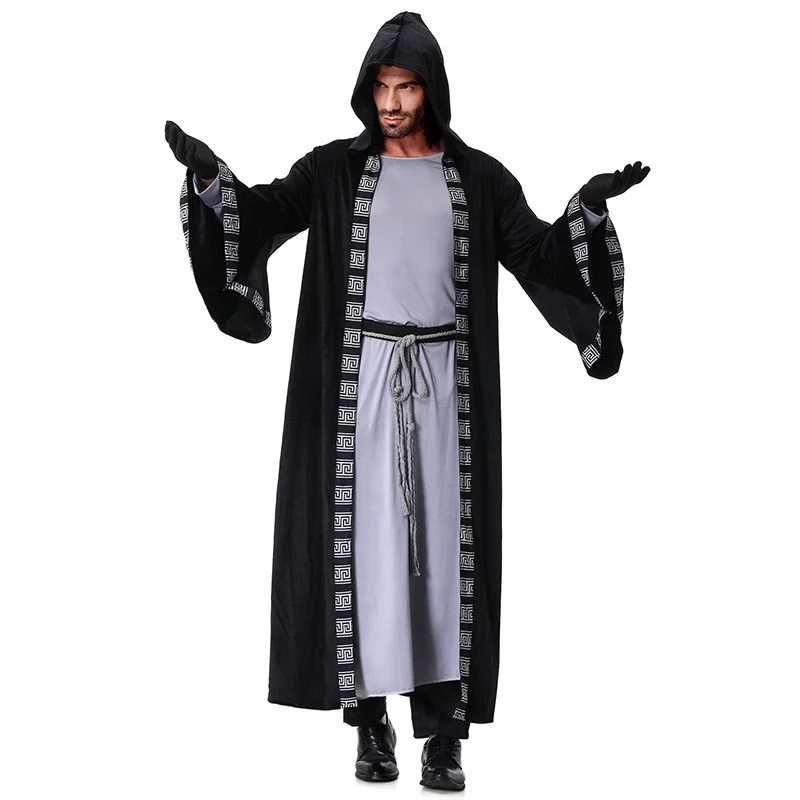 

Halloween Medieval Cosplay Wizard Costume Retro Men Arab Cosplay Robe Wizard Reaper Hooded Grey Robe Jacket Cloak