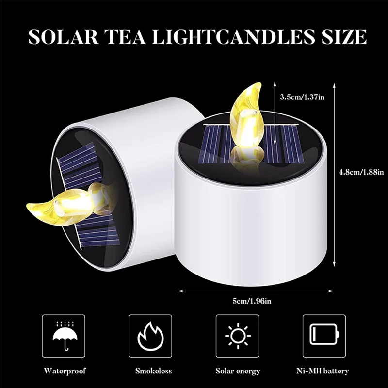 AT02-Paquete de 6 luces de té solares LED impermeables, velas parpadeantes sin llama para exteriores con sensor de luz