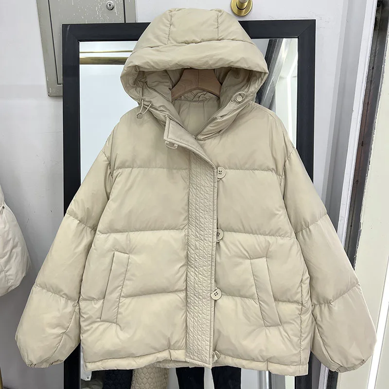 2023 New Winter Warm Down Cotton Coat Women Korean Fashion Short Hooded Jacket Casual Thick Solid Parkas Unique buttons