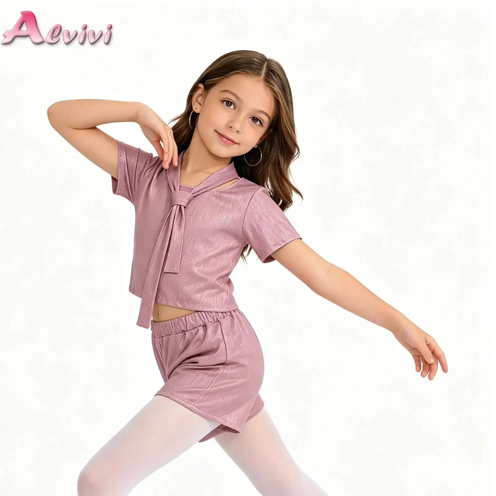 Kids Girls Metallic Dance Party Performance Costume Disco Outfit Short Sleeve T-shirt + Pants Jazz Modern Hip Hop Clothes Suit
