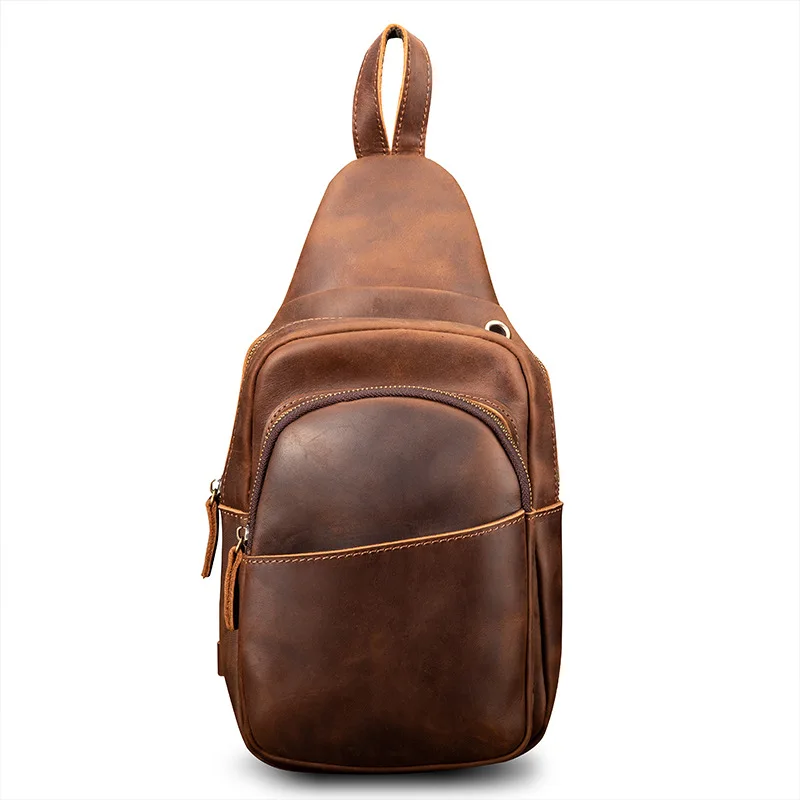 YL-18X-301 Head Layer Cowhide Men's Genuine Leather Chest Bag, Large Capacity Portable Retro Casual Zipper Backpack