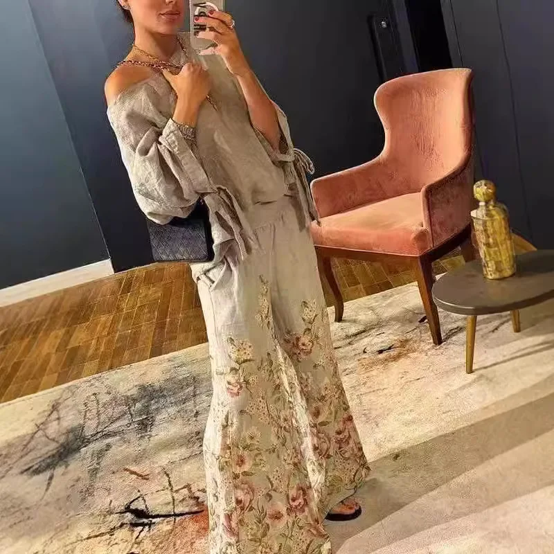 Autumn Elegant Fashion Print Women's Set Two-piece Casual One-Neck Off-Shoulder Long-Sleeve Solid Color Top Wide Leg Pants Suit