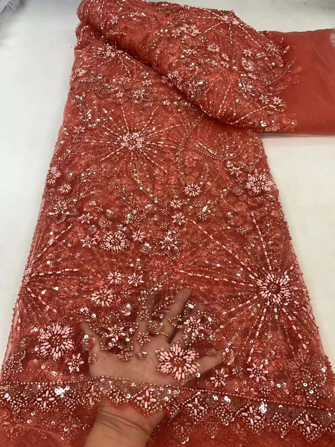  fashion Elegant French Embroidery Beaded Lace Fabric African Nigerian With Sequins Fabric For Wedding Dress Zx