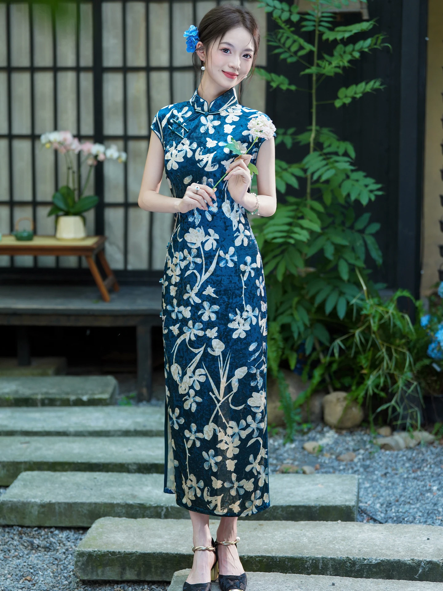

Blue Velvet Young Women's Long Sve Improved Chinese Sle High Quali Velvet Daily Wear Floral Print