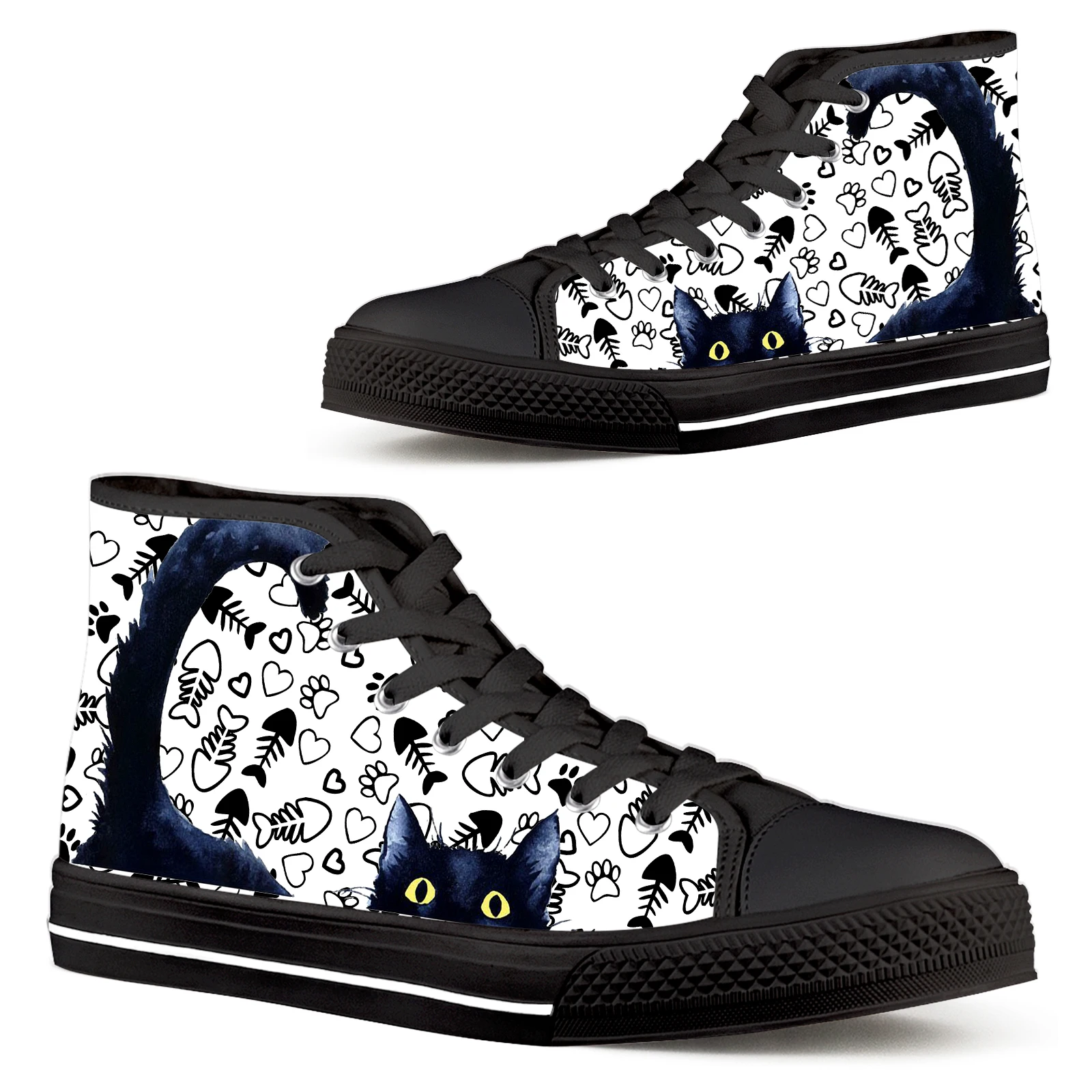 

ELVISWORDS Women's Sneakers Creative Cartoon Black Cat Shoes Cartoon Hand-painted Fish Bone Love Print Canvas Shoes High Tops