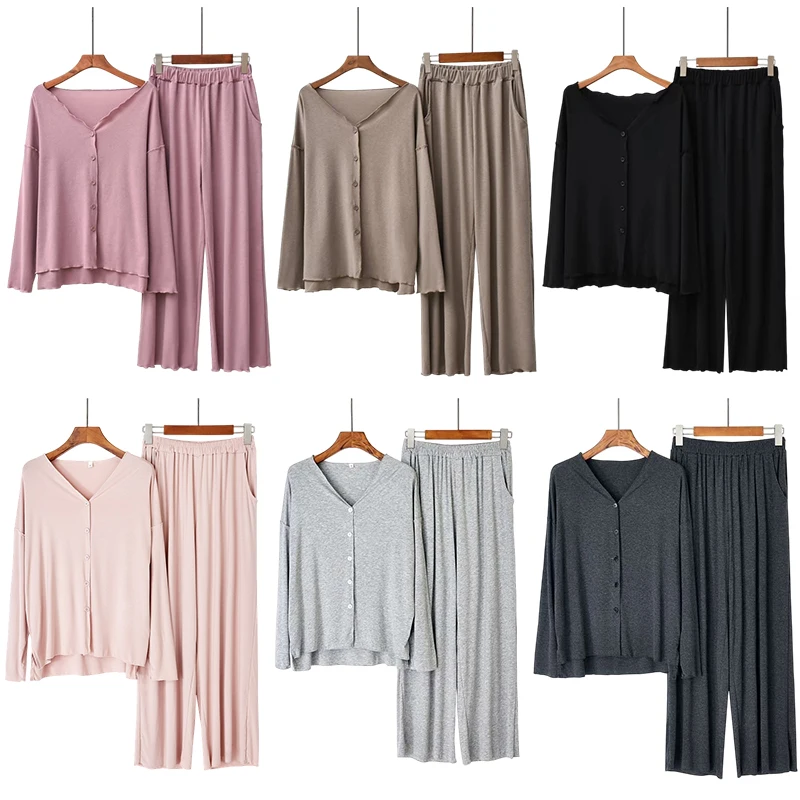 Japanese Style Cotton Pajamas Suit Long sleeve Ladies Spring Autumn Cardigan Solid Color Long-sleeved Trousers Home Service Suit