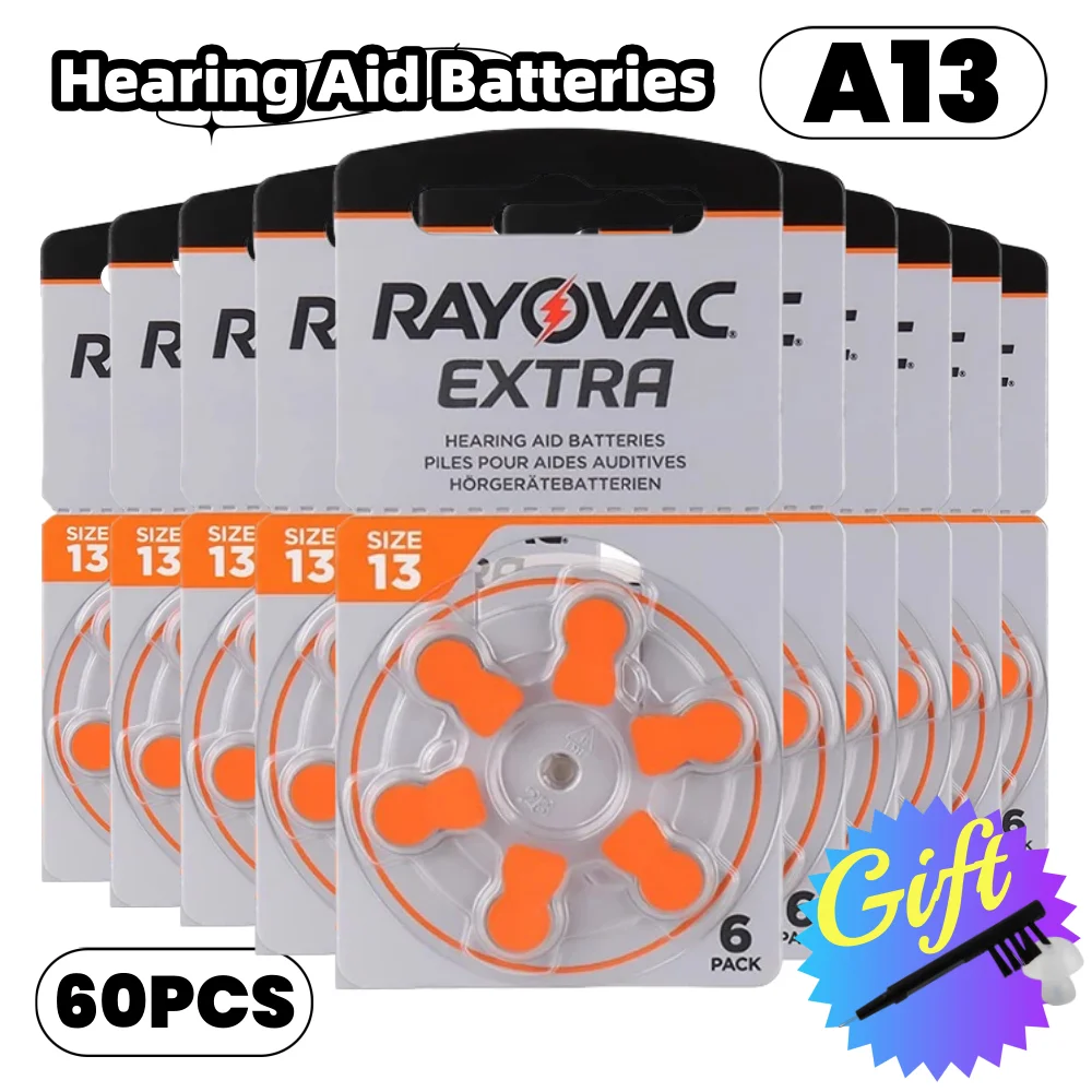 60 pcs A13 Hearing Aid Batteries 1.45v Rayovac Extra Zinc Air Hearing Aids BatteryFor BTE CIC RIC