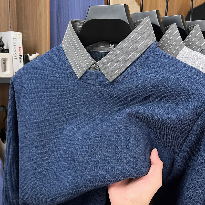 High end plush thicken warm men's sweater knitted wool comfort new fake two-piece striped shirt collar fashion winter pullover