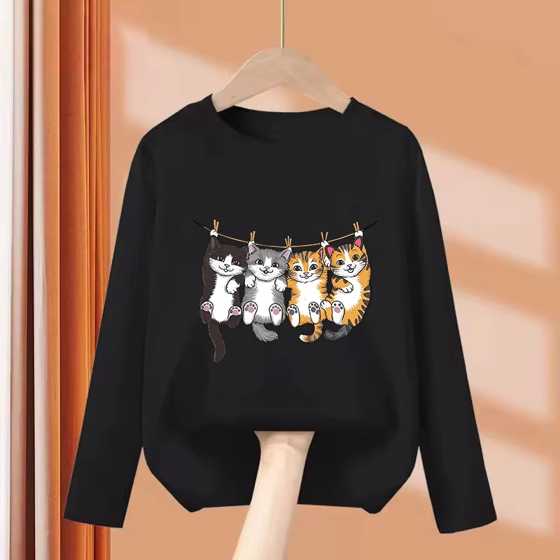 Long Sleeve Funny Climb Cat Graphic Kids Tshirts Summer Tees Cartoon Boys Girls Clothes Kawaii Kitten Tops Y2K Children T-shirt