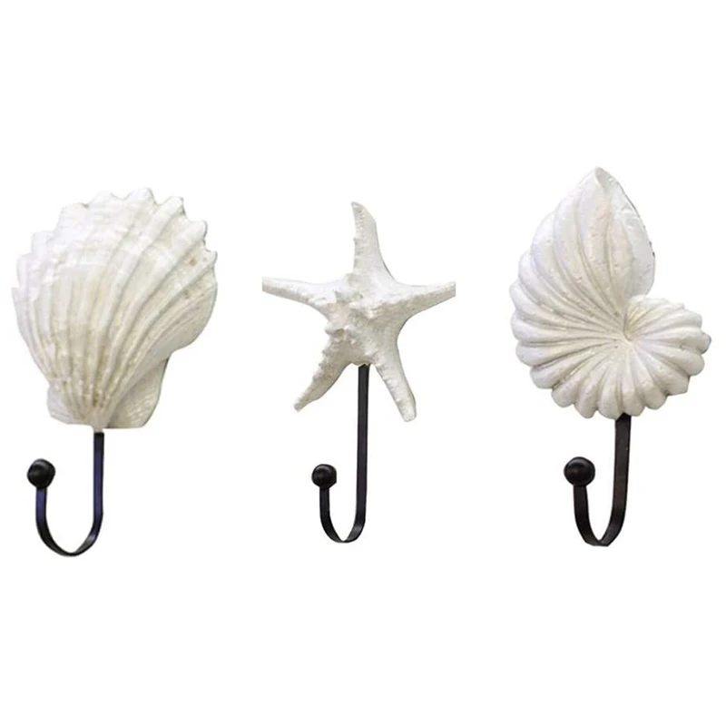 

BEAU-3Pcs Resin Clothes Hook Mediterranean Style Hooks Resin Scallop Conch Clothes Hooks Sea Star Decor Wall Mounted Hanger