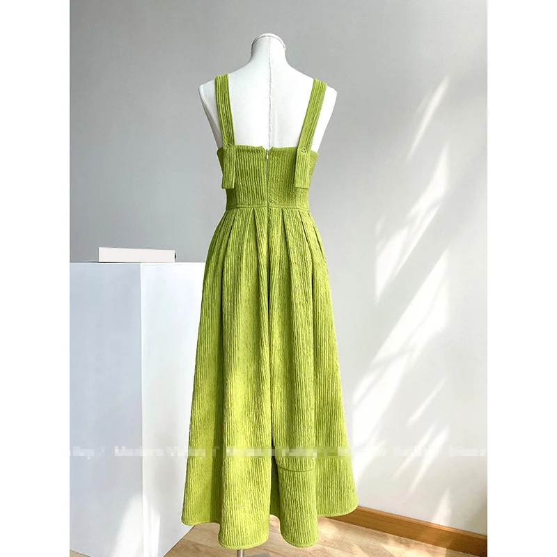 Robe rétro française à la mode, vert avocat, écharpe blanche et fine, peut accrocher le cou, deux vêtements, jupe longue, nouveau, 2022