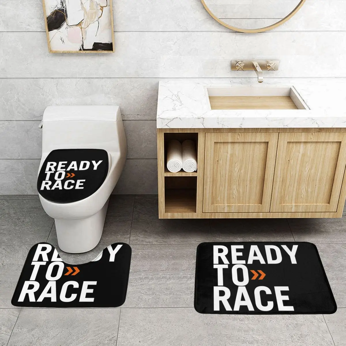 Custom Ready To Race 3 Pieces Bathroom Rugs Racing Motorcycle Biker Non-Slip Absorbent Toilet Bath Mat Set