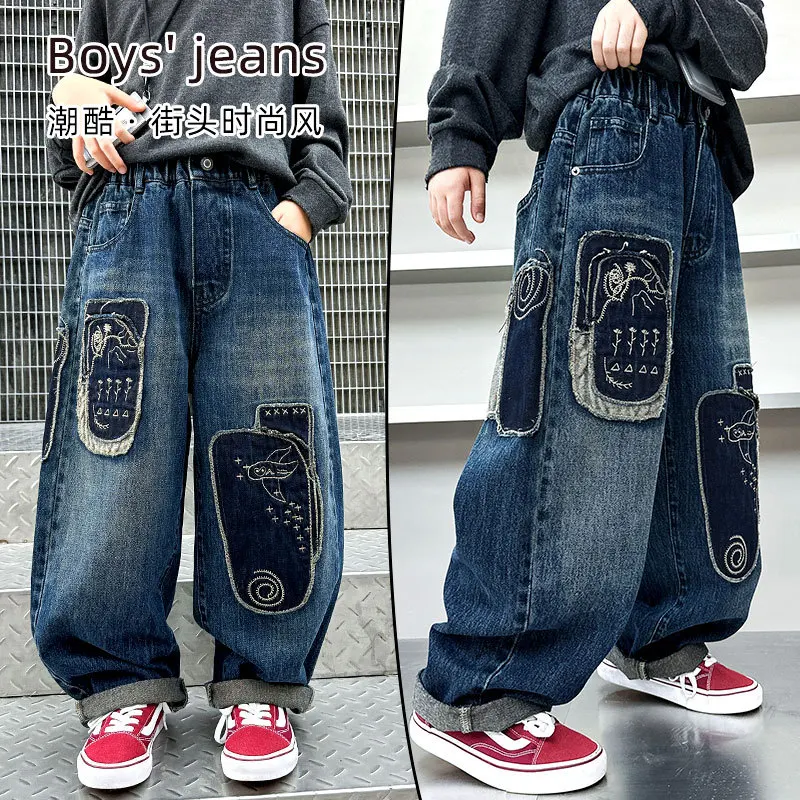 Teenager Boys Jeans Spring Vintage Patched Streetwear Straight Leg Long Trousers Trendy Fashion Brand Kids Denim Pants Clothing