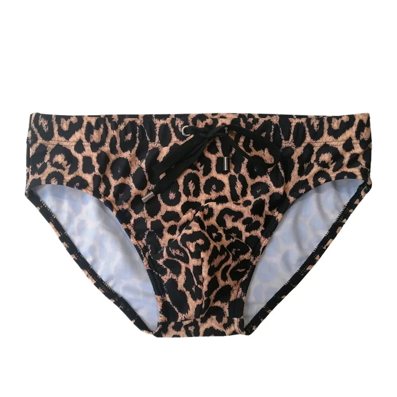 Men\'s Leopard Print Swmwear Sexy Swim Trunk Briefs Low Waist Sports Style Triangle Underwear Quick Dry Bikini Beach Pants Male